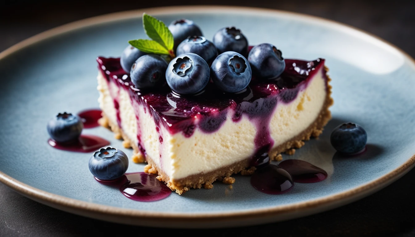 Documentary RAW Photography,a Blueberry Cheesecake, highlighting its exquisite, lacy texture and impeccable balance. The composition should evoke an irresistible urge to taste, with every detail crafted to inspire both amateur and seasoned cooks, (sharpness in detail:1.1), masterpiece, 35mm photograph, (iconic photograph:1.4), (visual storytelling:1.2), film grain, award winning photography,vibrant use of light and shadow, high quality textures of materials, volumetric textures perfect composition, dynamic play of light, rich colors, epic shot, perfectly quality, natural textures,high detail, photoshadow, (natural colors, correct white balance, color correction, dehaze),(intricate detailed), 8k