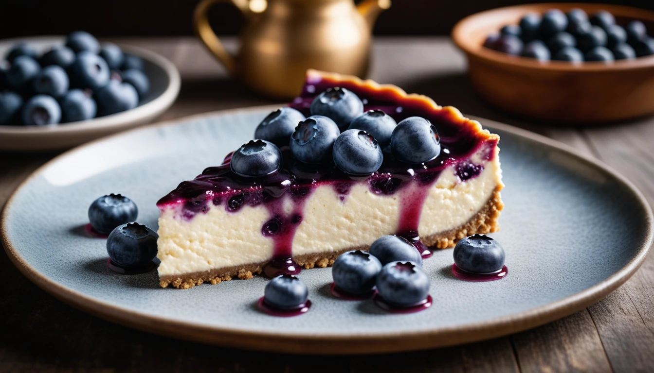 Documentary RAW Photography,a Blueberry Cheesecake, highlighting its exquisite, lacy texture and impeccable balance. The composition should evoke an irresistible urge to taste, with every detail crafted to inspire both amateur and seasoned cooks, (sharpness in detail:1.1), masterpiece, 35mm photograph, (iconic photograph:1.4), (visual storytelling:1.2), film grain, award winning photography,vibrant use of light and shadow, high quality textures of materials, volumetric textures perfect composition, dynamic play of light, rich colors, epic shot, perfectly quality, natural textures,high detail, photoshadow, (natural colors, correct white balance, color correction, dehaze),(intricate detailed), 8k