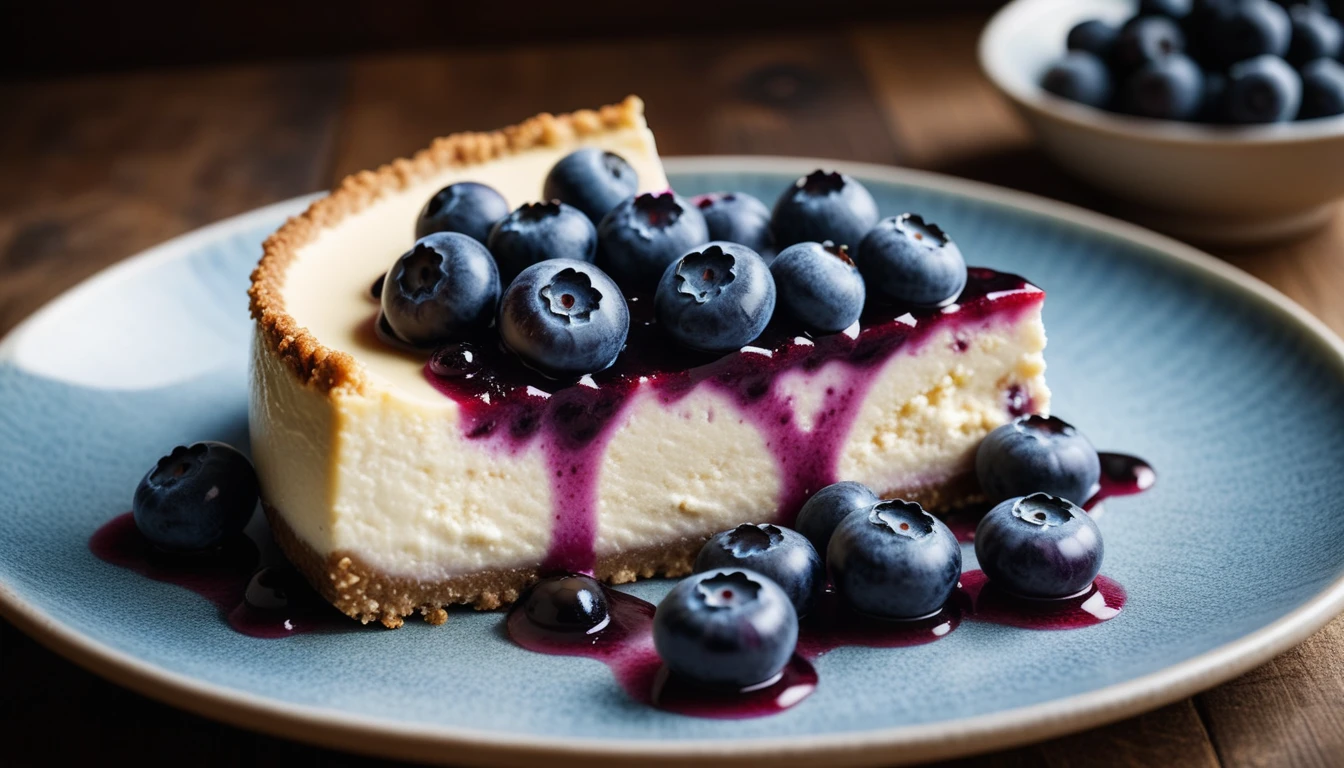 Documentary RAW Photography,a Blueberry Cheesecake, highlighting its exquisite, lacy texture and impeccable balance. The composition should evoke an irresistible urge to taste, with every detail crafted to inspire both amateur and seasoned cooks, (sharpness in detail:1.1), masterpiece, 35mm photograph, (iconic photograph:1.4), (visual storytelling:1.2), film grain, award winning photography,vibrant use of light and shadow, high quality textures of materials, volumetric textures perfect composition, dynamic play of light, rich colors, epic shot, perfectly quality, natural textures,high detail, photoshadow, (natural colors, correct white balance, color correction, dehaze),(intricate detailed), 8k