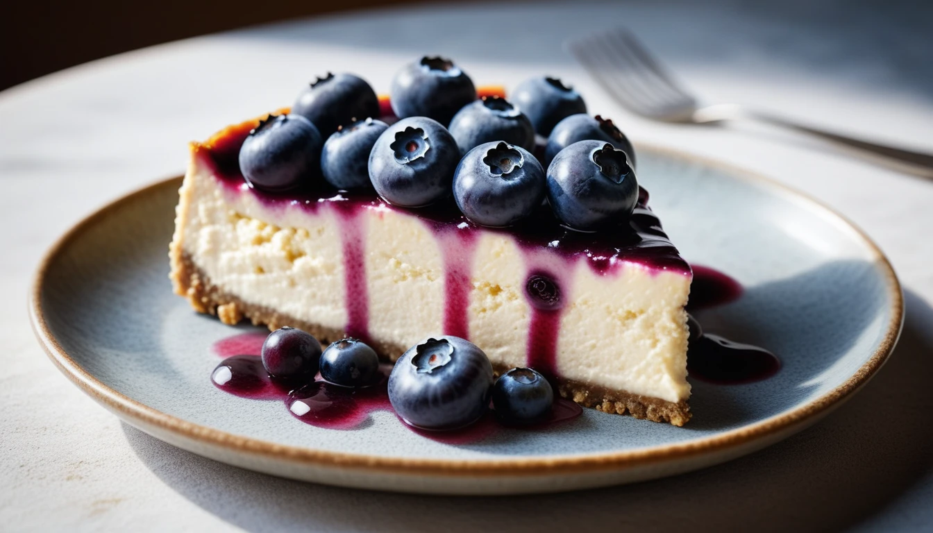 Documentary RAW Photography,a Blueberry Cheesecake, highlighting its exquisite, lacy texture and impeccable balance. The composition should evoke an irresistible urge to taste, with every detail crafted to inspire both amateur and seasoned cooks, (sharpness in detail:1.1), masterpiece, 35mm photograph, (iconic photograph:1.4), (visual storytelling:1.2), film grain, award winning photography,vibrant use of light and shadow, high quality textures of materials, volumetric textures  perfect composition, dynamic play of light, rich colors, epic shot, perfectly quality, natural textures,high detail, photoshadow, (natural colors, correct white balance, color correction, dehaze),(intricate detailed), 8k