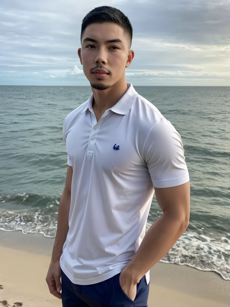 Tony Labrusca, Young man in a white polo shirt Standing by the sea with an expression, looking into the distance Turn your head slightly.，Cloudy day, 