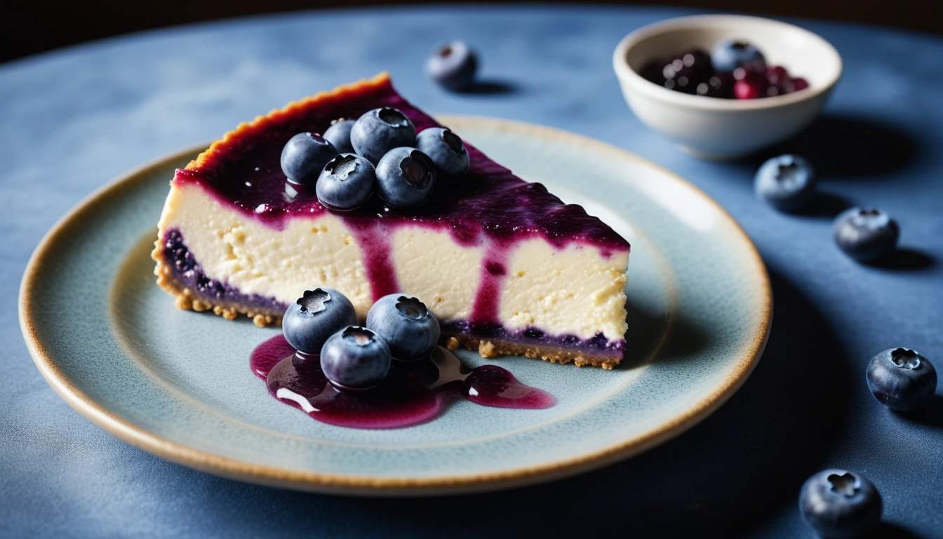 Documentary RAW Photography,a Blueberry Cheesecake, highlighting its exquisite, lacy texture and impeccable balance. The composition should evoke an irresistible urge to taste, with every detail crafted to inspire both amateur and seasoned cooks, (sharpness in detail:1.1), masterpiece, 35mm photograph, (iconic photograph:1.4), (visual storytelling:1.2), film grain, award winning photography,vibrant use of light and shadow, high quality textures of materials, volumetric textures  perfect composition, dynamic play of light, rich colors, epic shot, perfectly quality, natural textures,high detail, photoshadow, (natural colors, correct white balance, color correction, dehaze),(intricate detailed), 8k