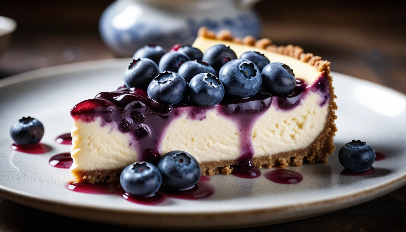 Documentary RAW Photography,a Blueberry Cheesecake, highlighting its exquisite, lacy texture and impeccable balance. The composition should evoke an irresistible urge to taste, with every detail crafted to inspire both amateur and seasoned cooks, (sharpness in detail:1.1), masterpiece, 35mm photograph, (iconic photograph:1.4), (visual storytelling:1.2), film grain, award winning photography,vibrant use of light and shadow, high quality textures of materials, volumetric textures perfect composition, dynamic play of light, rich colors, epic shot, perfectly quality, natural textures,high detail, photoshadow, (natural colors, correct white balance, color correction, dehaze),(intricate detailed), 8k