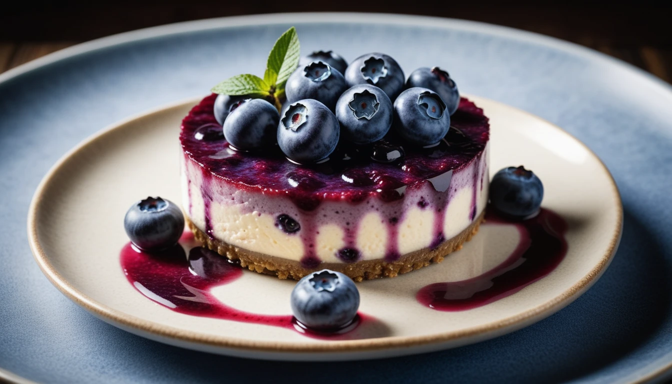 Documentary RAW Photography,a Blueberry Cheesecake, highlighting its exquisite, lacy texture and impeccable balance. The composition should evoke an irresistible urge to taste, with every detail crafted to inspire both amateur and seasoned cooks, (sharpness in detail:1.1), masterpiece, 35mm photograph, (iconic photograph:1.4), (visual storytelling:1.2), film grain, award winning photography,vibrant use of light and shadow, high quality textures of materials, volumetric textures  perfect composition, dynamic play of light, rich colors, epic shot, perfectly quality, natural textures,high detail, photoshadow, (natural colors, correct white balance, color correction, dehaze),(intricate detailed), 8k