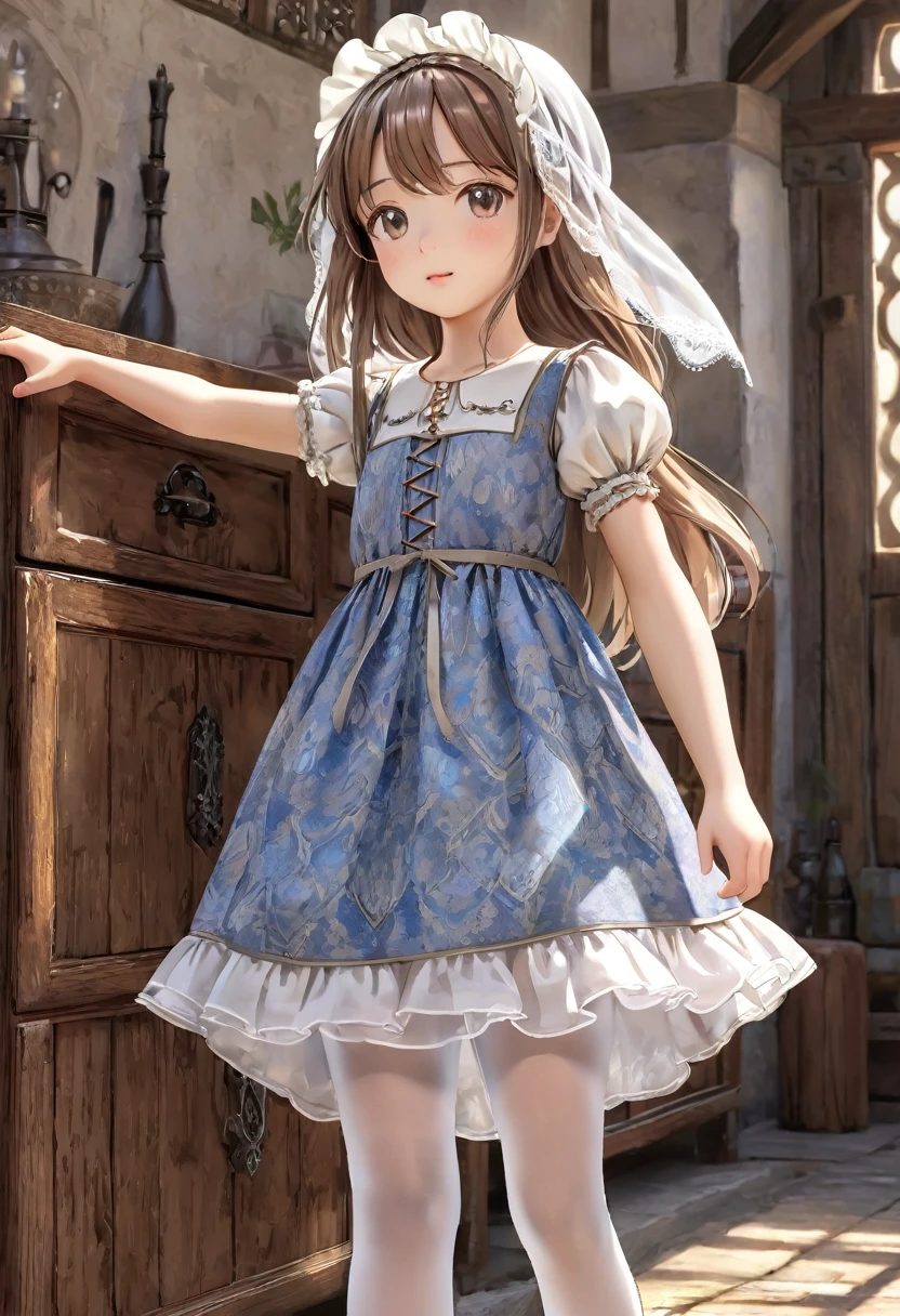 10 year old girl underwear, Kind Face, Realistic bloomers made from patterned cotton fabric, Medieval one-piece dress with panniers, Fabric Realism, Low - Angle, You can see the drawer, Pull up the dress by hand, Semi-transparent bloomers, Strong winds, Translucent slip, Translucent slip, tights, Highest quality, Crotch close-up, whole body
