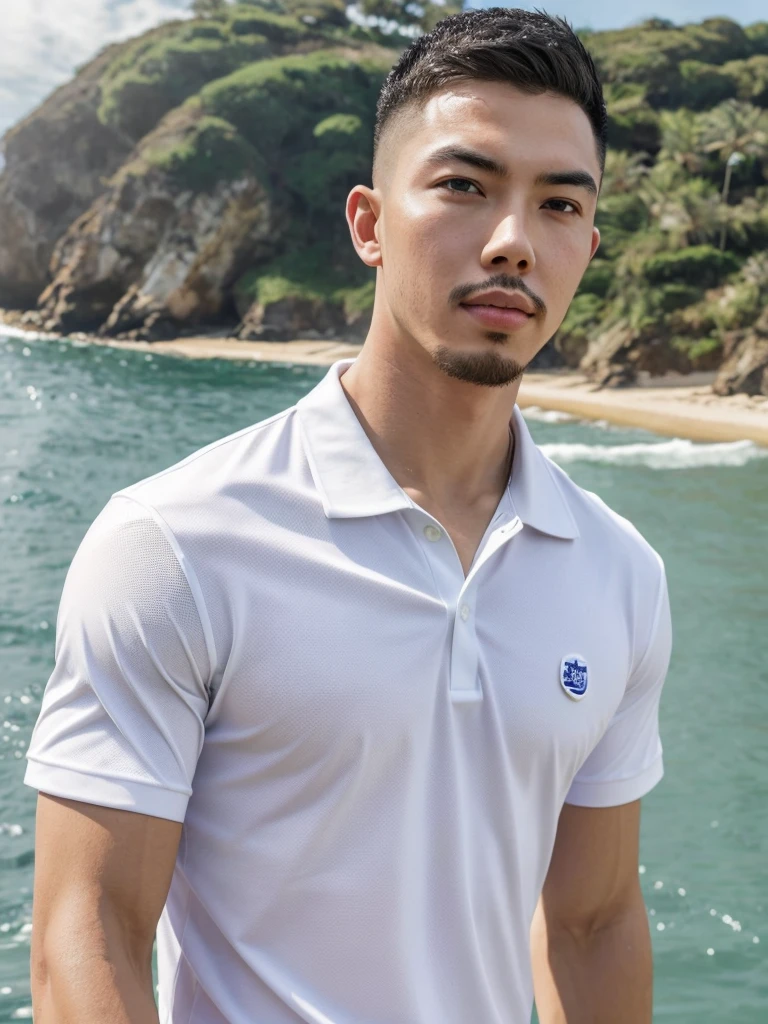 Tony Labrusca, Young man in a white polo shirt Standing by the sea with an expression, looking into the distance Turn your head slightly.，Cloudy day, 