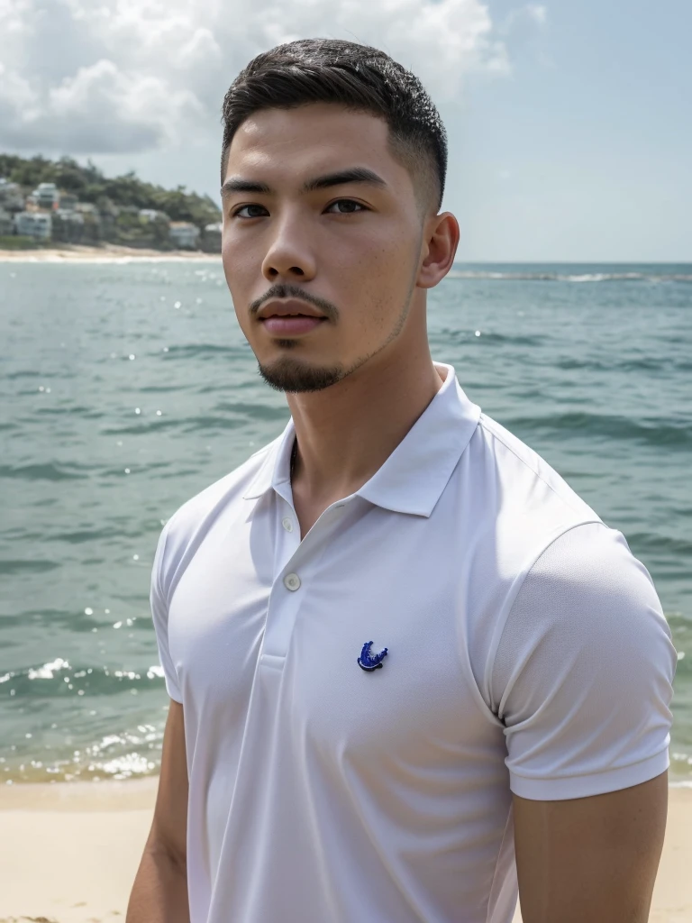 Tony Labrusca, Young man in a white polo shirt Standing by the sea with an expression, looking into the distance Turn your head slightly.，Cloudy day, 