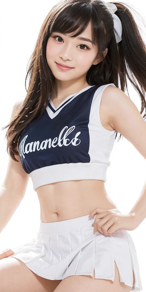 cheerleader,little smile,cheer leading,cheerleader uniform, (((masterpiece))), (((best quality))), ((ultra-detailed)), (illustration), ((an extremely delicate and beautiful)),(bokeh,blurry background),(best shadow), 1girl,white panties, black hair, long hair, kawaii,cute,, shine Highlight Spot on eyes, character focus,head tilt,