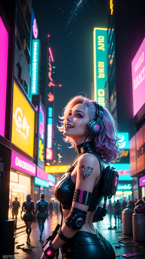 (1 cyberpunk girl in a colorful Harajuku style pop outfit)), (((Looking up))), cowboy shot, wind, messy hair, ((Cyberpunk 2077 cityscape)), (Cyberpunk aesthetics and atmosphere:1.3), (Blade runner), bright colors, smiling, ((cinematic lighting)) 　
Headphones　Laughing out loud　View your viewers　Enjoy music