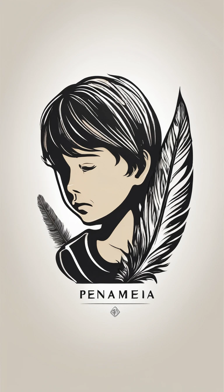 Create a minimal, modern, simple, inspirational, memorable, dream like icon design of a boy and a feather for the brand“Penamemoria".