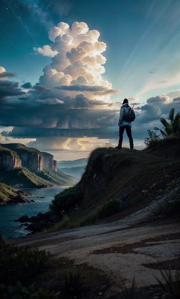 Celestial Tree, big tree, paisaje, panorama, Sky Heaven, naturey, palmtrees, Cedars, forst, Rivers of water, alone, Man's Back, alone Man, Loneliness, Thunder Light, Detailed Realistic FullHD Fotorrealism, Majestic, comely, fire, villany, Thunders, Sky Thunders, Stars, photorrealistic 6K, UltraHD Detailed, detailed colors 8K, Elegant beauty, floor, stele, lightning strikes, heavens, Divine Sky, tempest, Towards the heavens, heavenly, Godlike, photorrealistic, Rendering, 4K, 8K, detailed textures, detailed shadows, padoru, detailed colors, Gods Sky, UltraHD 16K Details, 16K photorealistic textures, detailed sharpness 16K, detailed sharpness, detailed colors, realistic shadows, Ultra realistic textures, High Power, Natural Beauty, natural colors, realistic contrast, Texturas photorrealistics, detailed colors, lifelike colors, detailed shadows, Textuta photorrealistic FullHD, Sombras photorrealistics 8K, HD photorrealistic, 8K Ultra Realistic Details, Cor photorrealistic 4K, FullHD Detailed Lights, Texturas Detalhadas photorrealistics 8K, Nitidez photorrealistic, villany, detailed 4k, ultra detaild, contraste realista de 8K, detailed sharpness, cores Ultra HD, chic,
