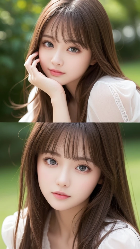 Flying debris, Highest quality, shape, Very detailed, The finer details, High resolution, 8K デンデ wallpaper, 完璧なダイナミックな構shape, Fine and beautiful eyes, dress, Long brown hair、Bangs that flow between the eyes、 Hair above the eyes on the chest, Natural color lip, Random sexy poses,Embarrassed look,２０Year old beautiful girl，Cute type、Her big, Her bright brown eyes sparkle beautifully.、Very big eyes、Cheek highlight、Very white and beautiful skin、Shiny skin、Beautiful girl with small face