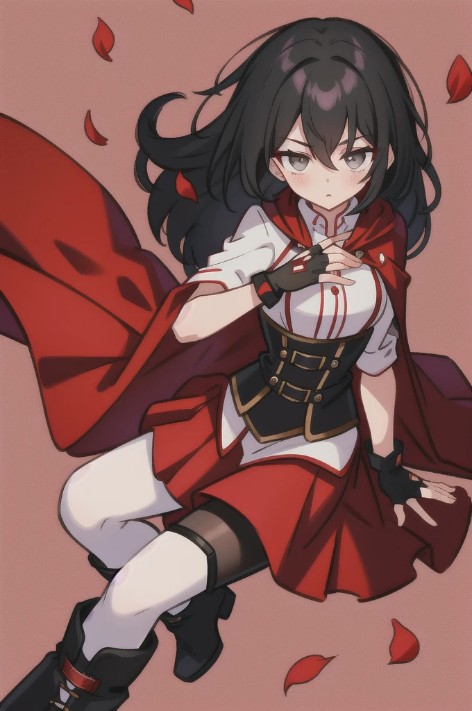 ruby rose,atlasrose, black hair, gradient hair, grey eyes, red cape, white shirt, pantyhose, belt, red skirt, corset, thigh boots, fingerless gloves,masterpiece,best quality,extremely detailed, rose petals