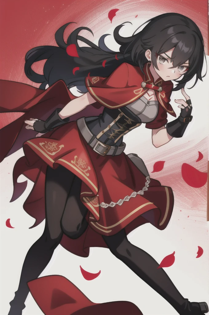 ruby rose,atlasrose, black hair, gradient hair, grey eyes, red cape, white shirt, pantyhose, belt, red skirt, corset, thigh boots, fingerless gloves,masterpiece,best quality,extremely detailed, rose petals