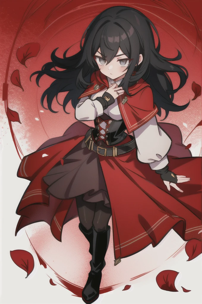 ruby rose,atlasrose, black hair, gradient hair, grey eyes, red cape, white shirt, pantyhose, belt, red skirt, corset, thigh boots, fingerless gloves,masterpiece,best quality,extremely detailed, rose petals