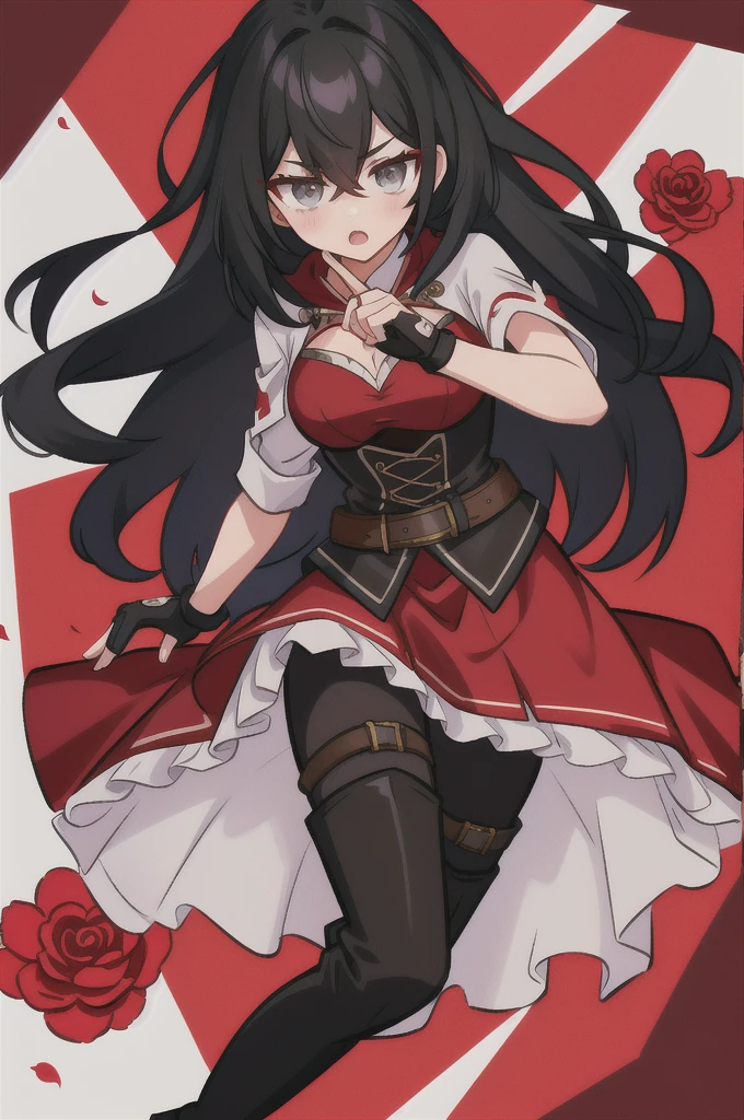 ruby rose,atlasrose, black hair, gradient hair, grey eyes, red cape, white shirt, pantyhose, belt, red skirt, corset, thigh boots, fingerless gloves,masterpiece,best quality,extremely detailed, rose petals