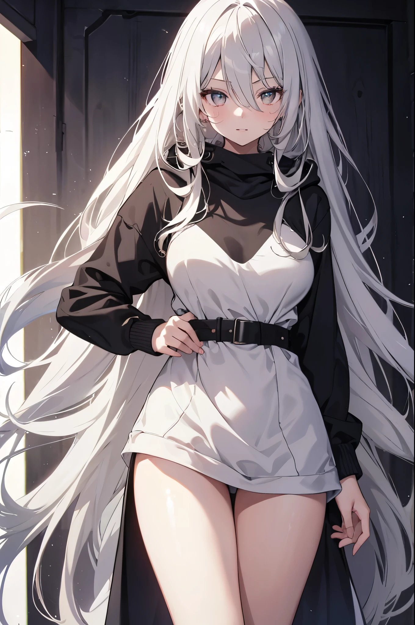 1girl, {Solitary}, Upper Body ,{{ {Watching at viewer}}}, Arms at your sides, Concept Art, white Background, simple Background, White hair, Silver gradient hair , Composite cloth, Asymmetrical clothes, Virtual YouTuber, best quality, masterpiece, Dynamic Angle, , cowboy_shooting, Watching_Back, grab, girl,Miss,woman, young,20 years old, Very long hair, Hair Flip, Silver Hair, Flowing hair, Ahog, giggle, Beautiful and delicate golden eyes, teeth, Large Breasts, Blonde eyes, White skin, hoodie, Black_shorts, Gray clothes, transparent_Background, Backlighting, absurd, high resolution, Extremely detailed,sweater,No pants