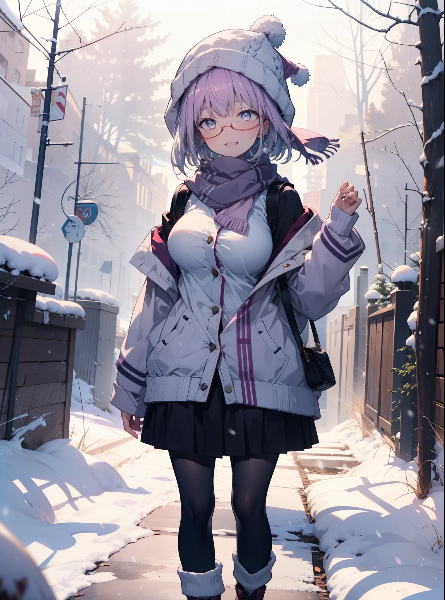 akaneshinjou, shinjou akane, Light purple hair, (Pink Eyes:1.2), short hair,Akagi Glasses,hair band,,White Breath,Big Breasts,Purple coat,White sweater,happy smile, smile, Open your mouth,Black long skirt,Grey pantyhose,Red scarf,short boots,Knitted hat,Daytime,cloudy,snow,snowが降り積もっている,whole bodyがイラストに入るように,Looking down from above,
 break looking at viewer,whole body,               　　　　　　　 break outdoors 森, nature, 　　　　　　　　　　　break (masterpiece:1.2), Highest quality, High resolution, unity 8k wallpaper, (shape:0.8), (Beautiful and beautiful eyes:1.6), Highly detailed face, Perfect lighting, Highly detailed CG, (Perfect hands, Perfect Anatomy),