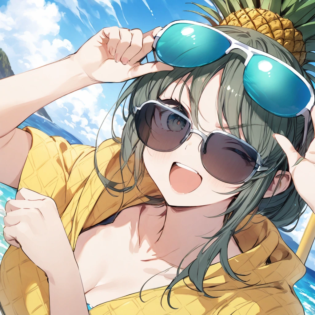 sea,beach <lora:reki57:0.8:OG1>re0ki1, 1girl, solo, short hair, yellow eyes,green hair,small breast,headphones,expressionless,(white micro bikini:1.1),(drinking)