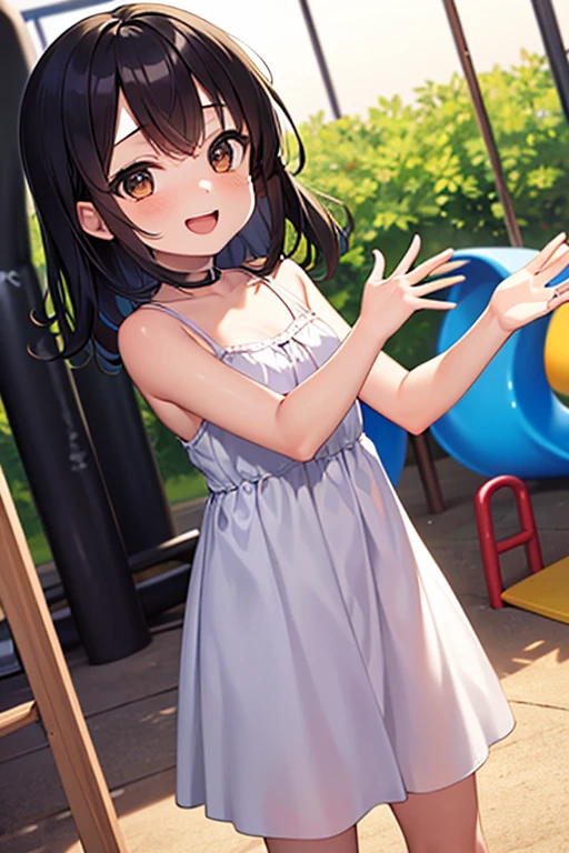 masterpiece, extra limbs, 1girl,8years old, black straight hair, tareme brown eyes, (((delighted))), white sundress,spread arms,standing, playground equipment,high angle