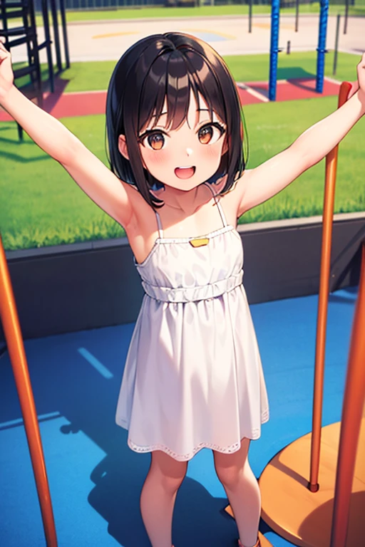 masterpiece, extra limbs, 1girl,8years old, black straight hair, tareme brown eyes, (((delighted))), white sundress,spread arms,standing, playground equipment,high angle