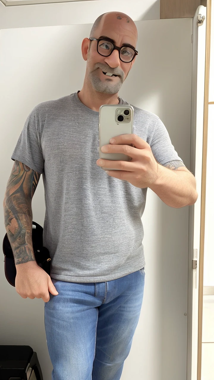 Create this image man glasses rounded bald long face taking photo in mirror with tattoo create no beard smiling