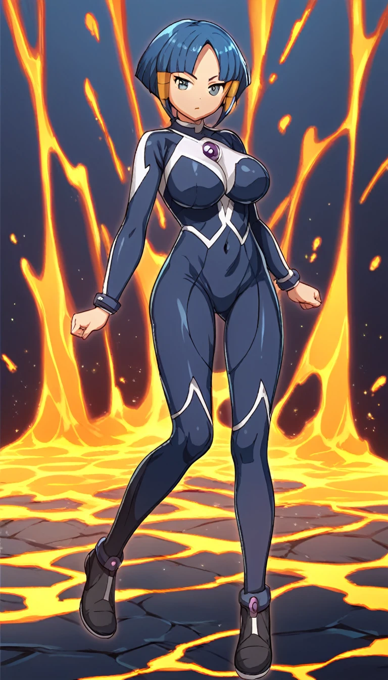 best quality,ultra detailed,solo,score_9, score_8_up, score_7_up, score_6_up, score_5_up, score_4_up, source_anime, 1girl, clara, blue hair, hair tubes, grey eyes, bodysuit,big breasts, standing sexy pose, (front view,portrait),full body,heavenly ass, heavenly breasts, big ass, no shoes, wearing black heels, upset, cute, face, long legs, tight bodysuit, tight sleeves, black bodysuit, half-closed eyes, backside, charging power, charging energy, dark energy, using power, using energy, using dark energy, charging dark energy, standing in lava, floating in lava, sinked in lava