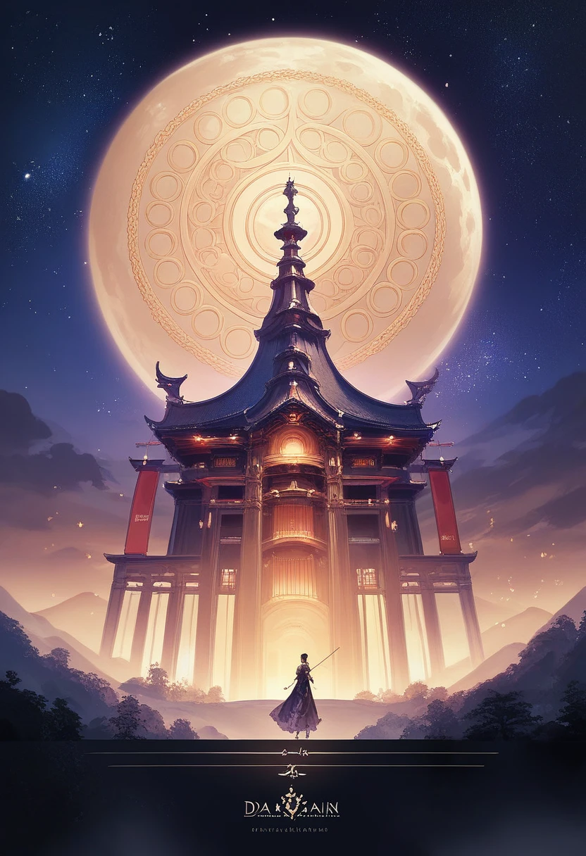 In a painting of Jiangtianxingyue,A highly concentrated beauty, Concept art inspired by Tosa Mitsuka, Pixiv competition winner, best quality, Fantasy Art, Beautiful anime scene, A bright moon, Starry Sky environment in the moonlight, Dream Painting, Anime Background art, Dream landscape painting, A wonderful night, Anime Background, Background artwork, Wonderful Art, Atmospheric animation, Starry Sky, Detail Enhancement.