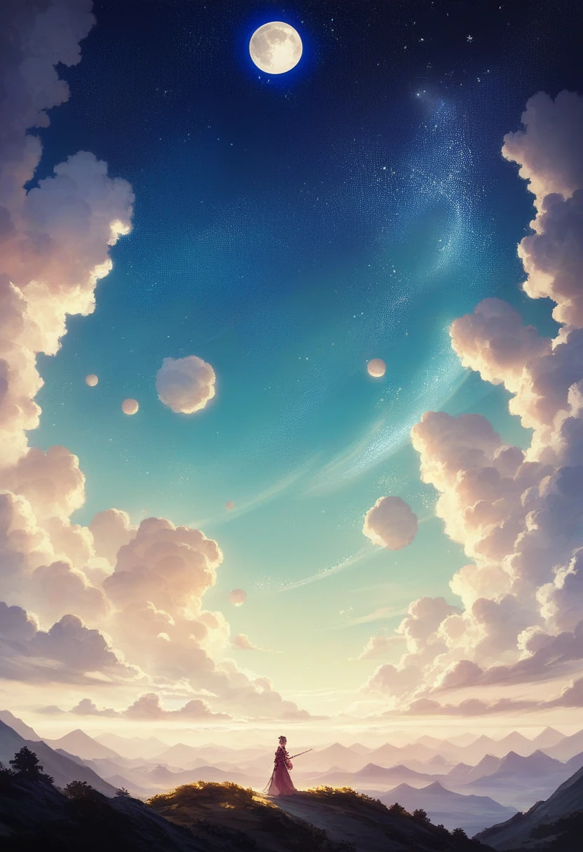 In a painting of Jiangtianxingyue,A highly concentrated beauty, Concept art inspired by Tosa Mitsuka, Pixiv competition winner, best quality, Fantasy Art, Beautiful anime scene, A bright moon, Starry Sky environment in the moonlight, Dream Painting, Anime Background art, Dream landscape painting, A wonderful night, Anime Background, Background artwork, Wonderful Art, Atmospheric animation, Starry Sky, Detail Enhancement.