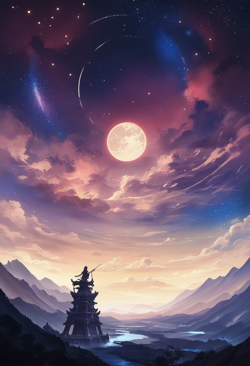 In a painting of Jiangtianxingyue,A highly concentrated beauty, Concept art inspired by Tosa Mitsuka, Pixiv competition winner, best quality, Fantasy Art, Beautiful anime scene, A bright moon, Starry Sky environment in the moonlight, Dream Painting, Anime Background art, Dream landscape painting, A wonderful night, Anime Background, Background artwork, Wonderful Art, Atmospheric animation, Starry Sky, Detail Enhancement.