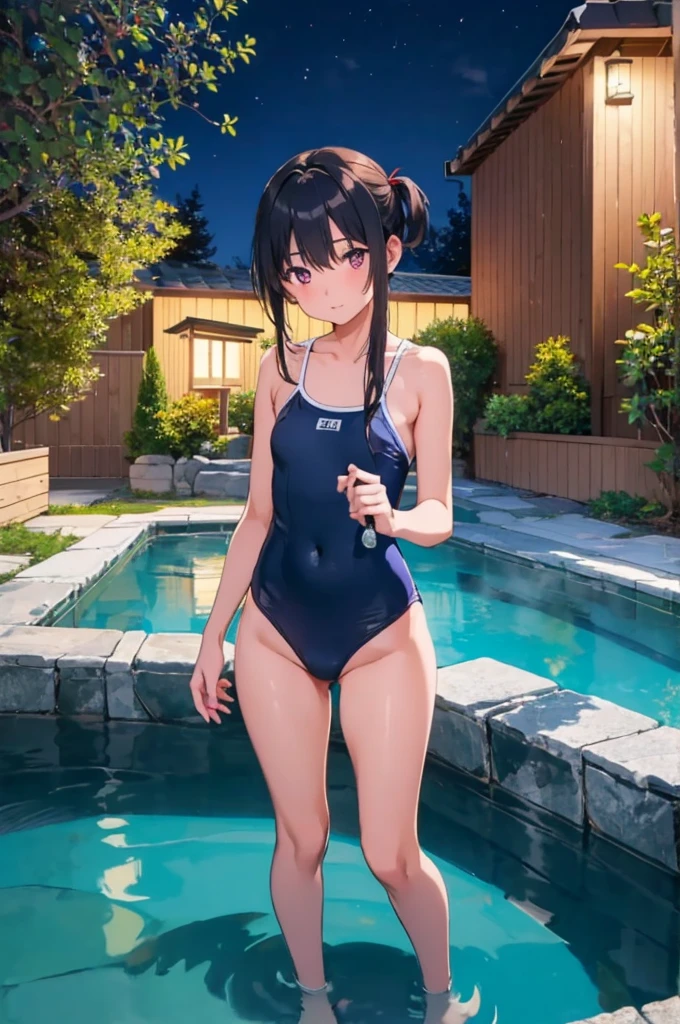 Countryside hot spring inn　Open-air bath　Wide々A relaxing cypress bath　night　Elementary school girl　8-year-old　Flat Chest　Black Hair　Long Hair　The eyes are purple　（（1 person））　Navy blue old school swimsuit　Are standing　湯気がAre standing　Dynamic Angle　Low Angle