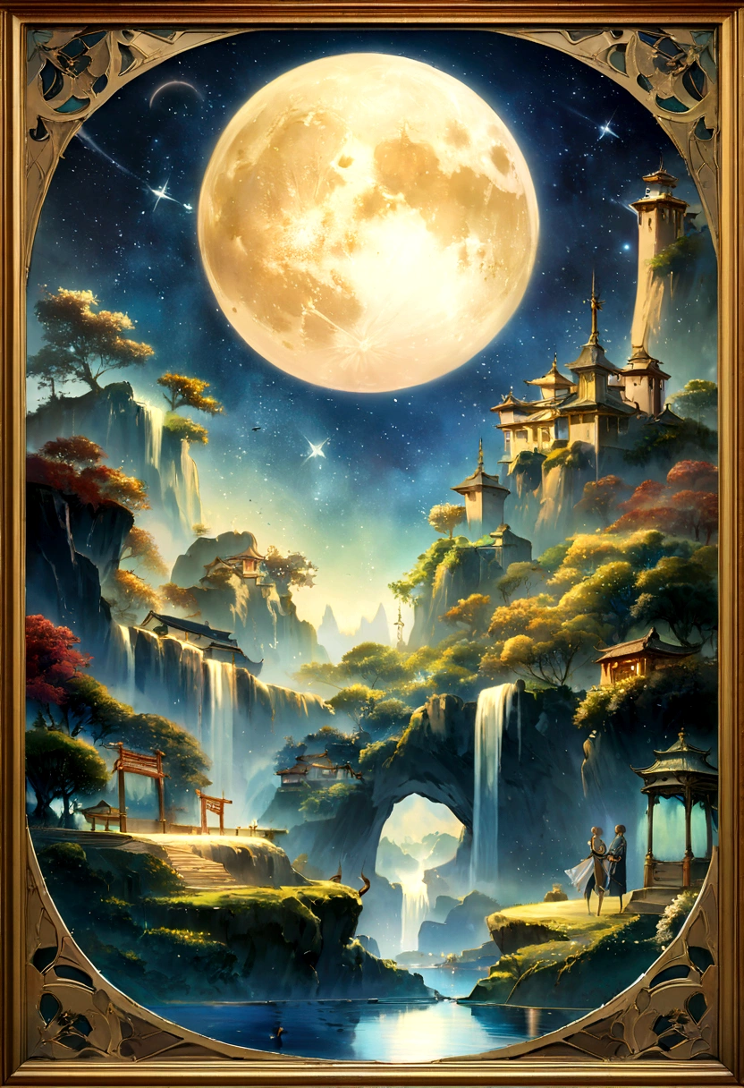 In a painting of Jiangtianxingyue,A highly concentrated beauty, Concept art inspired by Tosa Mitsuka, Pixiv competition winner, best quality, Fantasy Art, Beautiful anime scene, A bright moon, Starry Sky environment in the moonlight, Dream Painting, Anime Background art, Dream landscape painting, A wonderful night, Anime Background, Background artwork, Wonderful Art, Atmospheric animation, Starry Sky, Detail Enhancement.