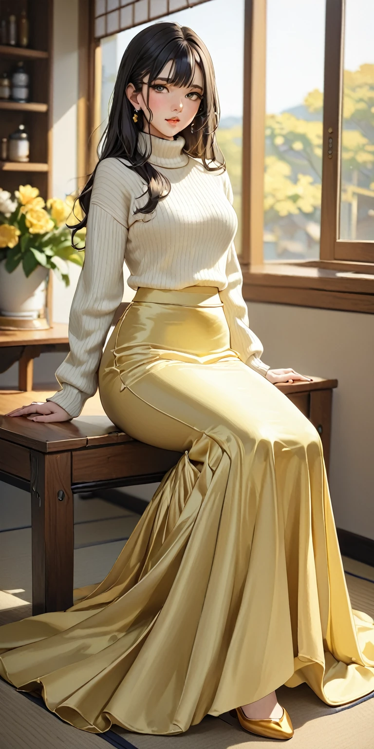 Portraiture、(masterpiece,Highest quality,Ultra-high resolution),Japanese women, (((Very beautiful 25 year old girl))),Long sleeve sweater、((Light yellow satin mermaid long skirt))、The skirt is ankle-length、