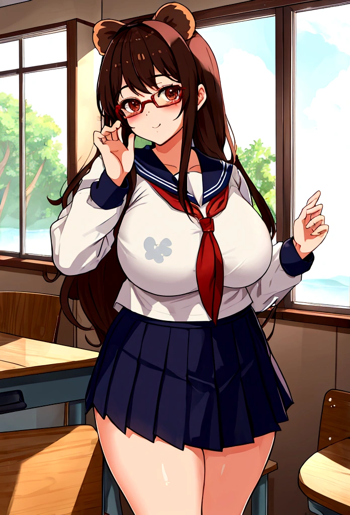 Tanuki Personification High school girl Big tits Sailor uniform, miniskirt, glasses, standing classroom One person