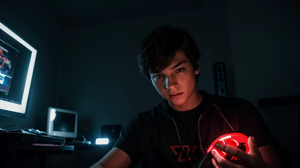 teenage boy playing videogames in his dark room lit with LED lights, hyperrealistic, bright and vibrant colors, limited colors, nice lighting, high resolution, best quality, ultra detailed, dynamic angle, intricate details