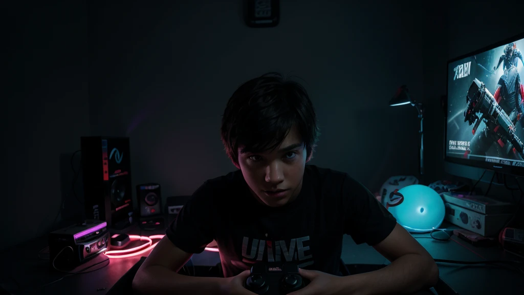 boy playing videogames in his dark room lit with LED lights, hyperrealistic, bright and vibrant colors, limited colors, nice lighting, high resolution, best quality, ultra detailed, dynamic angle, intricate details