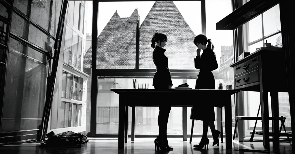 masterpiece, best quality, perfect anatomy, a young female architect, leaning her chin on both her hands, a  glass pyramid figure on the desk, fujimotostyle, Monochromatic