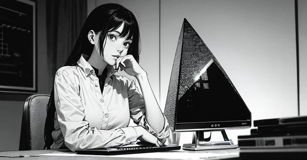 masterpiece, best quality, perfect anatomy, a young female architect, leaning her chin on both her hands, a  glass pyramid figure on the desk, fujimotostyle, Monochromatic