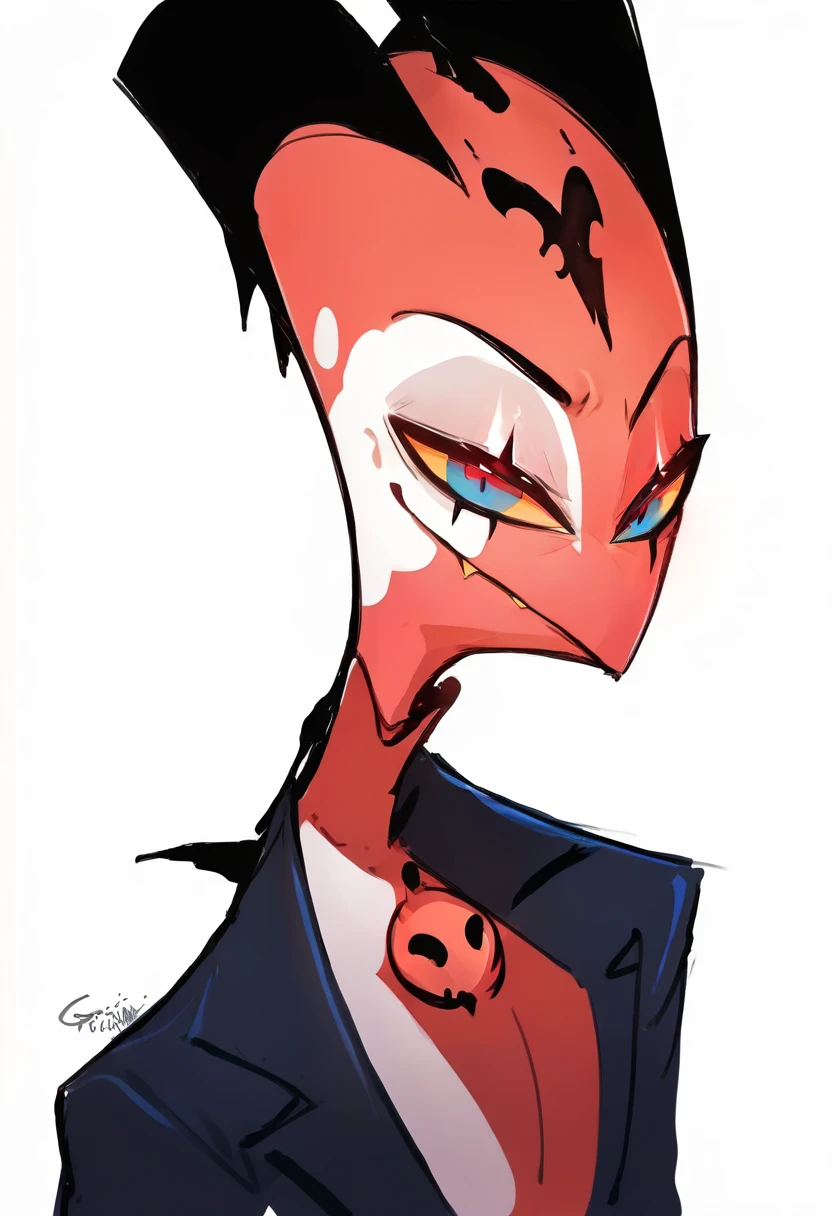 (masterpiece), best quality, expressive eyes, perfect face ,male focus, 1boy, solo, Red skin, black hair, tail, tall, imp, horns, blue eyes helluva boss