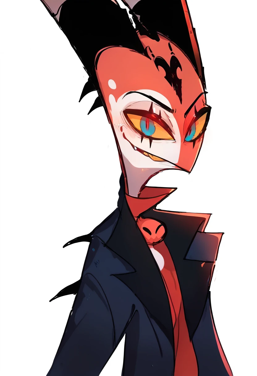 (masterpiece), best quality, expressive eyes, perfect face ,male focus, 1boy, solo, Red skin, black hair,  tail, tall, imp, horns, blue eyes helluva boss
