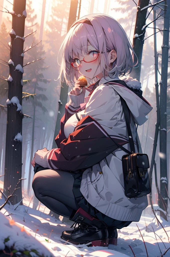 akaneshinjou, shinjou akane, Light purple hair, (Pink Eyes:1.2), short hair,Akagi Glasses,hair band,smile,blush,White Breath,Big Breasts,
Open your mouth,snow,Ground bonfire, Outdoor, boots, snowing, From the side, wood, suitcase, Cape, Blurred, having meal, forest, White handbag, nature,  Squat, Mouth closed, Cape, winter, Written boundary depth, Black shoes, red Cape break looking at viewer, Upper Body, whole body, break Outdoor, forest, nature, break (masterpiece:1.2), Highest quality, High resolution, unity 8k wallpaper, (shape:0.8), (Beautiful and beautiful eyes:1.6), Highly detailed face, Perfect lighting, Highly detailed CG, (Perfect hands, Perfect Anatomy),