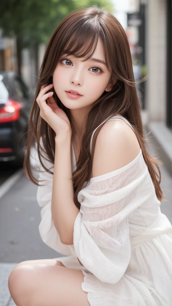 Full Body Shot、Flying debris, Highest quality, shape, Very detailed, The finer details, High resolution, 8K デンデ wallpaper, 完璧なダイナミックな構shape, Fine and beautiful eyes, dress, Long brown hair、Bangs that flow between the eyes、 Hair above the eyes on the chest, Natural color lip, Random sexy poses,Embarrassed look,20Year old beautiful girl,Cute type、Her big, Her bright brown eyes sparkle beautifully.、Very big eyes、Cheek highlight、Very white and beautiful skin、Shiny skin、Beautiful girl with small face