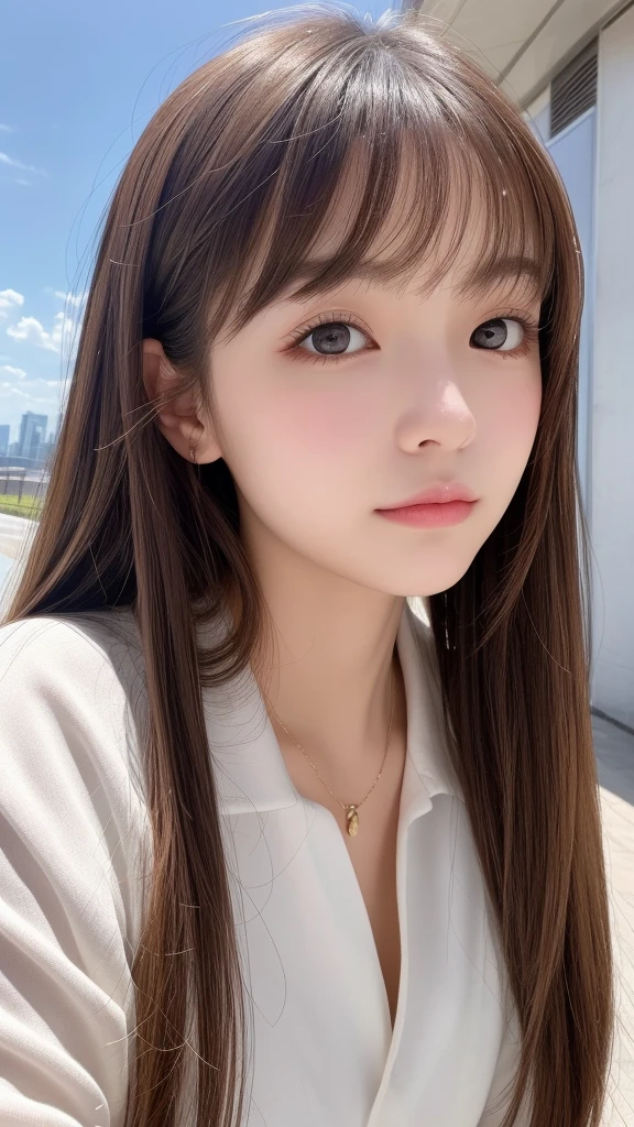 Full Body Shot、Flying debris, Highest quality, shape, Very detailed, The finer details, High resolution, 8K デンデ wallpaper, 完璧なダイナミックな構shape, Fine and beautiful eyes, dress, Long brown hair、Bangs that flow between the eyes、 Hair above the eyes on the chest, Natural color lip, Random sexy poses,Embarrassed look,20Year old beautiful girl,Cute type、Her big, Her bright brown eyes sparkle beautifully.、Very big eyes、Cheek highlight、Very white and beautiful skin、Shiny skin、Beautiful girl with small face