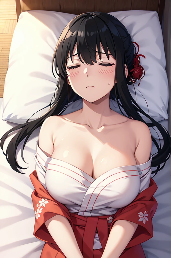 Highest quality、Best image quality、Ultra-high resolution、Ultra-high resolutionで描画、Red yukata、Sleeping on a futon、Disheveled yukata、Unraveled Strip、Sweat、The clavicle is visible、Big Breasts、Sleeping happily、Bright red yukata、White underwear、Beautiful black hair、Mouth open