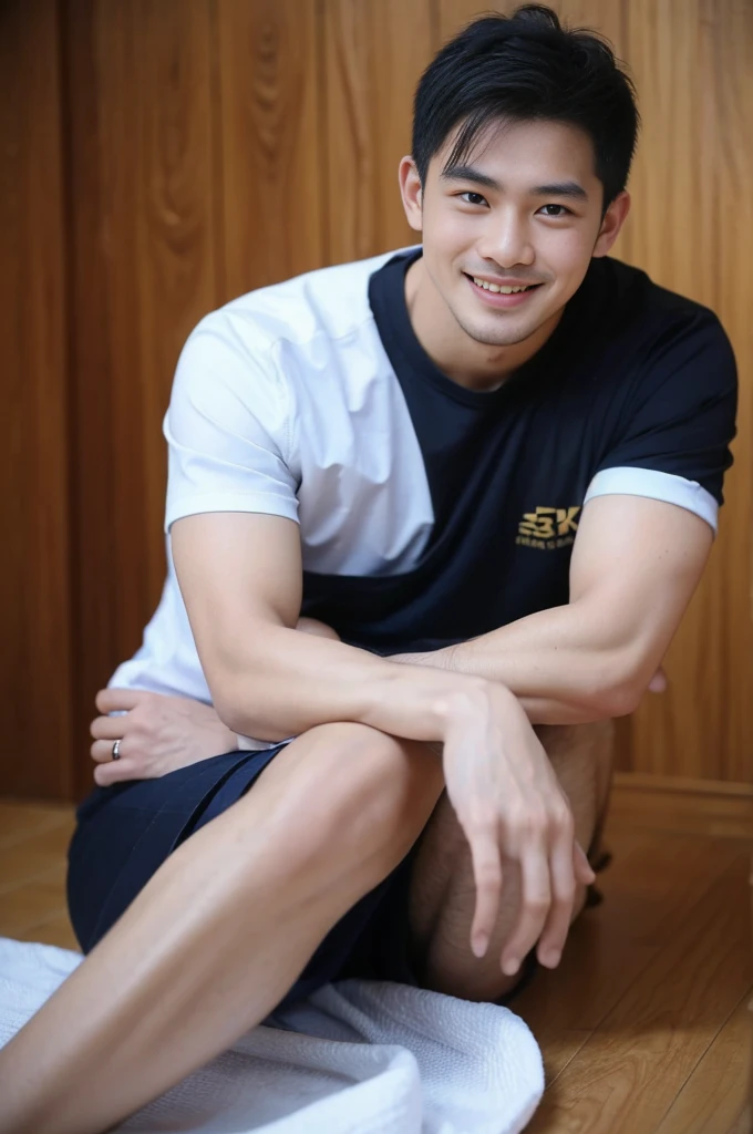 ((Highest quality, 8K, Masterpiece: 1.3))、Thailand Laos Burma Asia, Thai man, A handsome Asian rugby player with short hair, a muscular beard, and big muscles., 1A man who has、 yo、Good appearance、Beautiful nose、smile、 Detailed eyes and face、beautiful light、(studio)、high resolution、(Look at the viewer.)、Fine mouth、smile、whole body: 1.5, perfect shape: 1.3, Picture of both shoulders:1.3, Navy blue round neck t-shirt:1.5