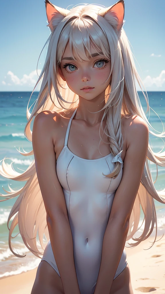 (high resolution, upper body, soft skin:1.2),(best illustration,masterpiece:1.2),ultra-detailed,[(cat ears , white inside:1.2, brown cat eyes, white long hair),vivid colors,sharp focus,portrait, beach lighting,bokeh, wearing a orange sport swimsuit, beach background, full body portrait, smiling