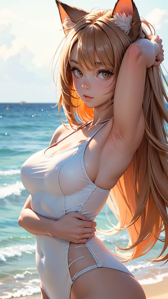 (high resolution, upper body, soft skin:1.2),(best illustration,masterpiece:1.2),ultra-detailed,[(cat ears , white inside:1.2, brown cat eyes, white long hair),vivid colors,sharp focus,portrait, beach lighting,bokeh, wearing a orange sport swimsuit, beach background, arms behind head
