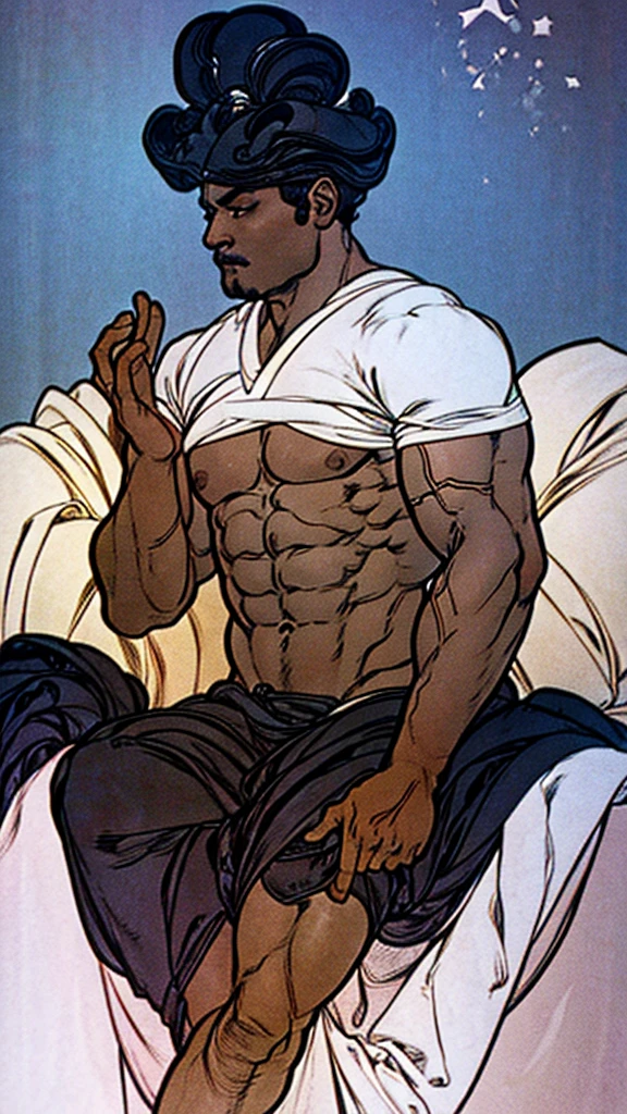 a skinny black boy and a muscular man cuddling in bed while wearing only white underwear manga line art