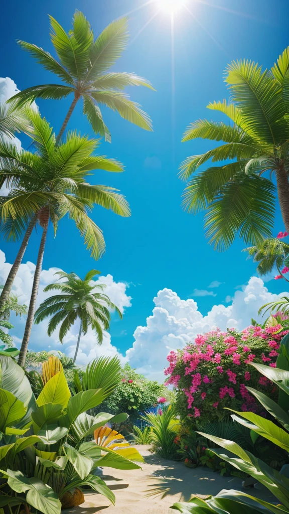 Ultra-realistic scenes, Parallel world, Divine tropical otherworldly plants, cult, Tropical flowers, Unusual art, Unique art, Summer blue sky background, sunlight, bright sunlight, Blender, Product Rendering, High quality 8K. --v6