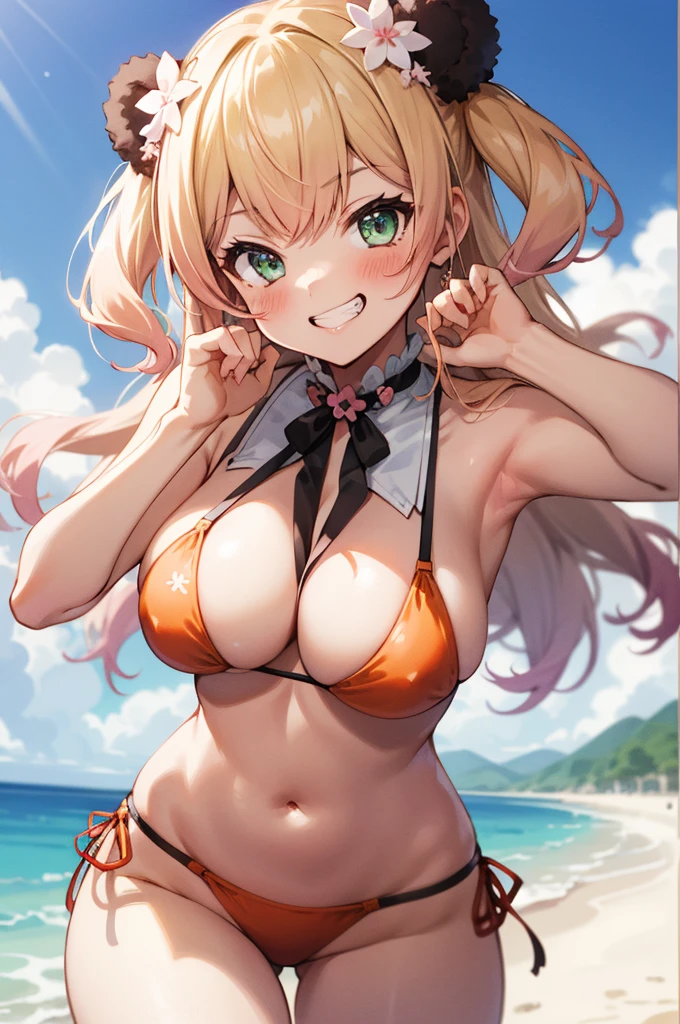 , 1girl, solo, , nene_official, bear ears, two side up, ,, (Grin,blush,),bikini,cowboy shot